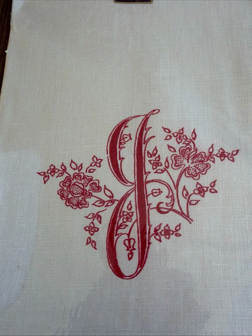 NOS Artmart Cream Tea Towels with Red Monogram J and Stripe - Set of 2